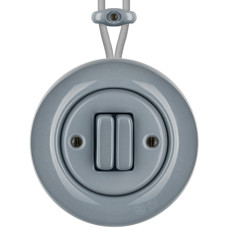 PORCELAIN KATY PATY COLONA ROUND SURFACE MOUNTED DOUBLE SLIM BUTTON SWITCH ASH GREY - DYKE & DEAN