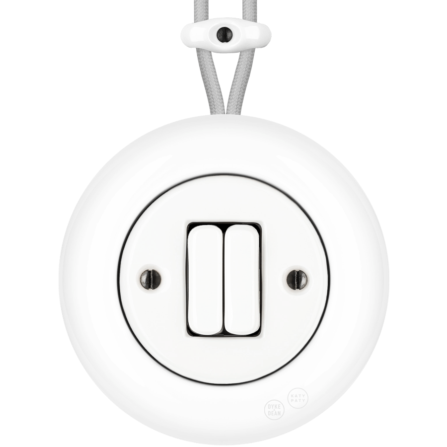 PORCELAIN KATY PATY COLONA ROUND SURFACE MOUNTED DOUBLE SLIM BUTTON SWITCH WHITE - DYKE & DEAN