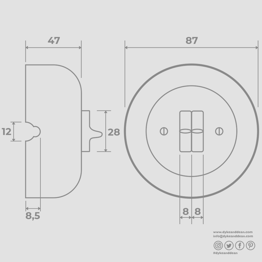 PORCELAIN KATY PATY COLONA ROUND SURFACE MOUNTED DOUBLE TOGGLE BUTTON SWITCH ASH GREY - DYKE & DEAN