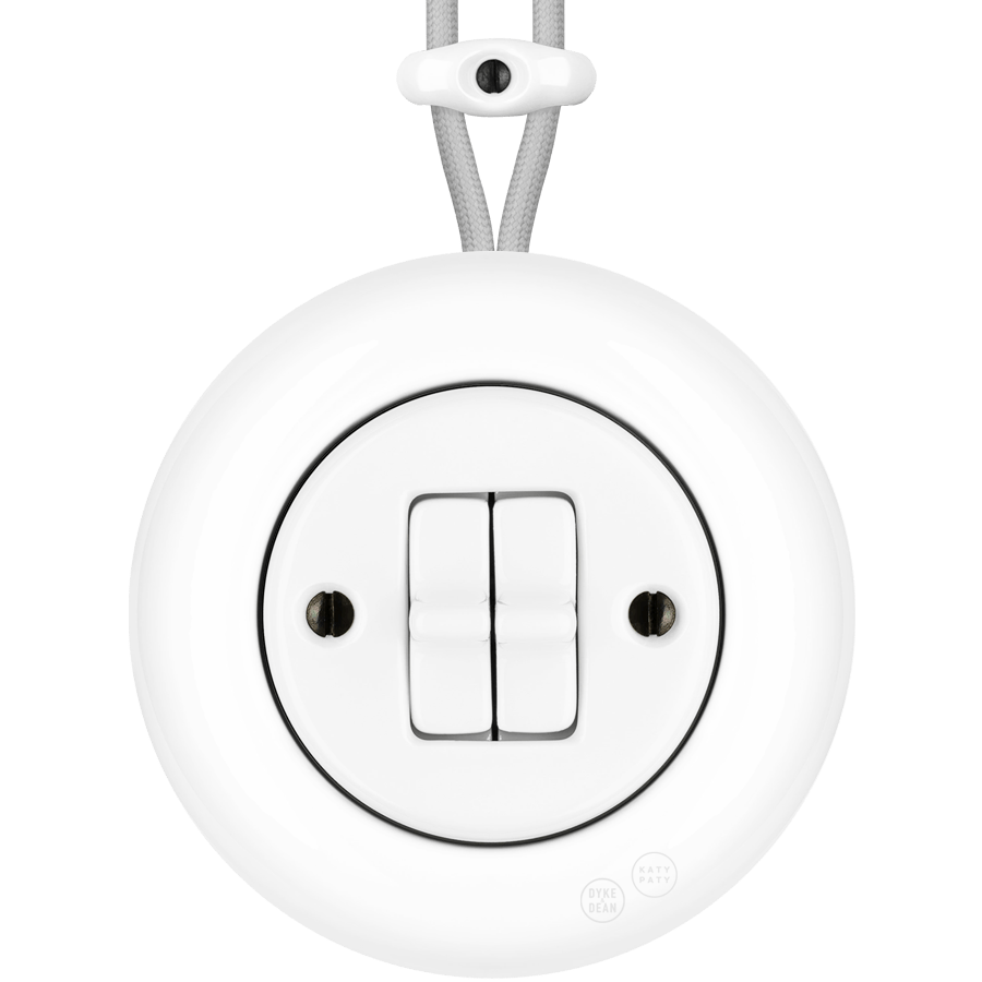 PORCELAIN KATY PATY COLONA ROUND SURFACE MOUNTED DOUBLE TOGGLE BUTTON SWITCH WHITE - DYKE & DEAN