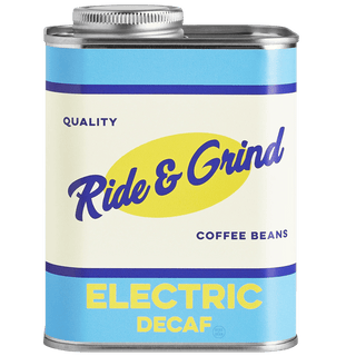 RIDE & GRIND ELECTRIC DECAF COLUMBIAN COFFEE BEANS TIN - DYKE & DEAN