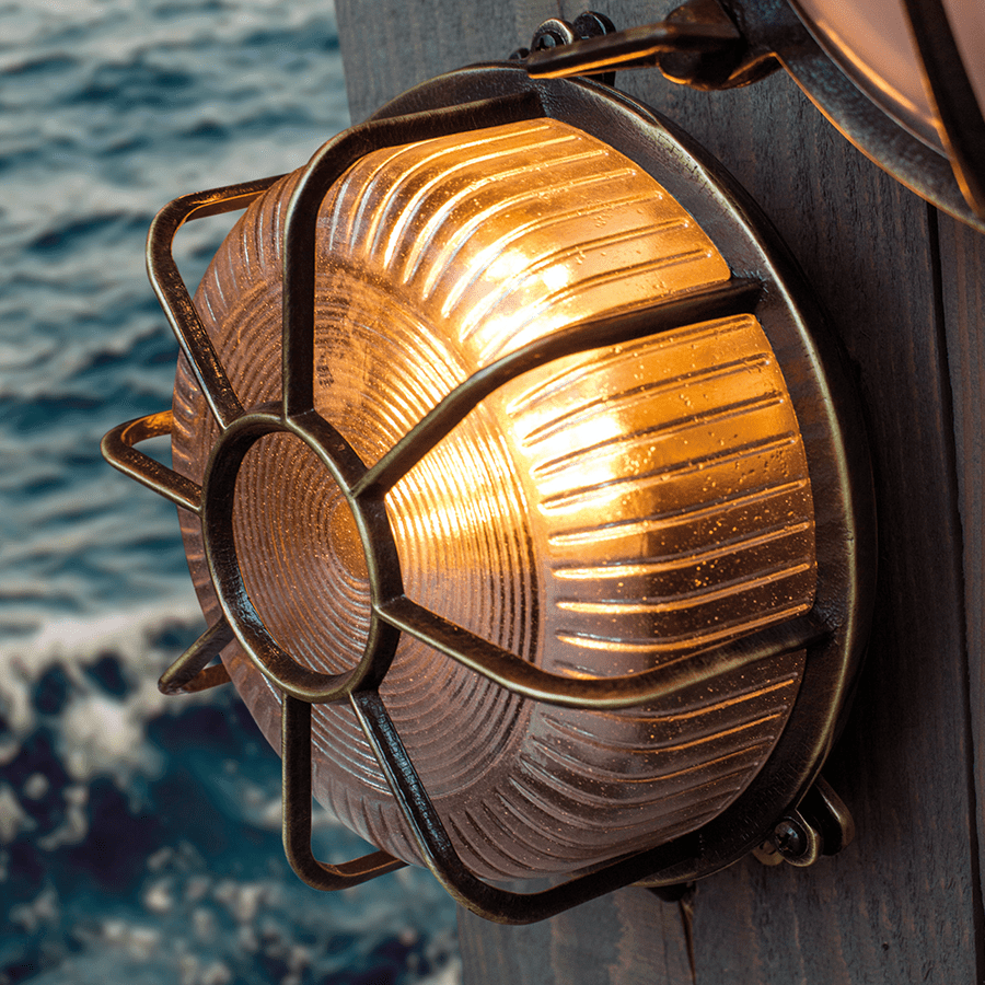 ROUND CAGED BRUSHED BRASS BULKHEAD LAMP - DYKE & DEAN