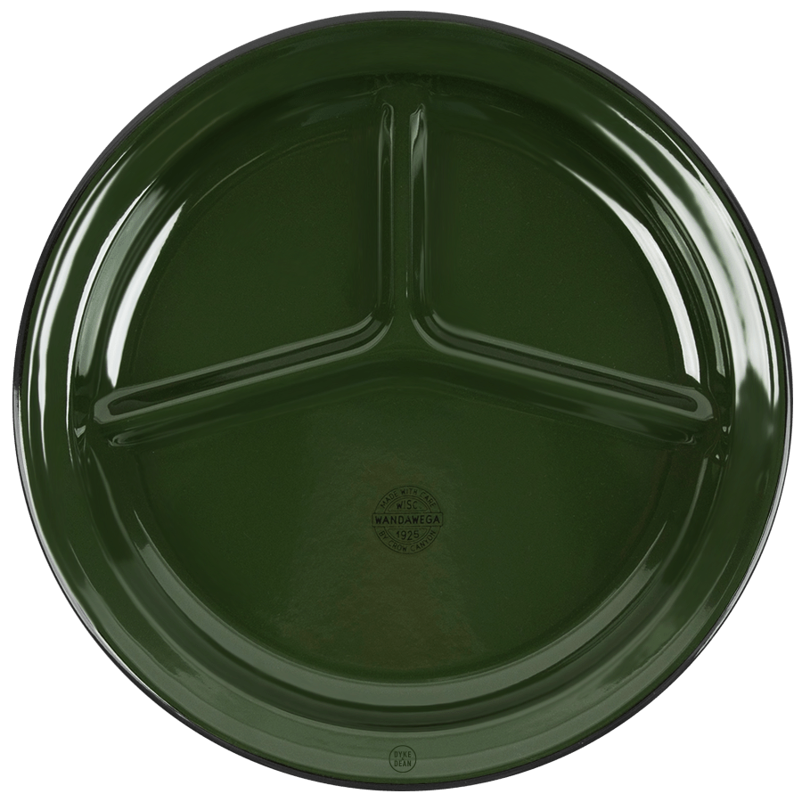 SET OF 2 GREEN ENAMEL DIVIDED CAMP PLATES - DYKE & DEAN