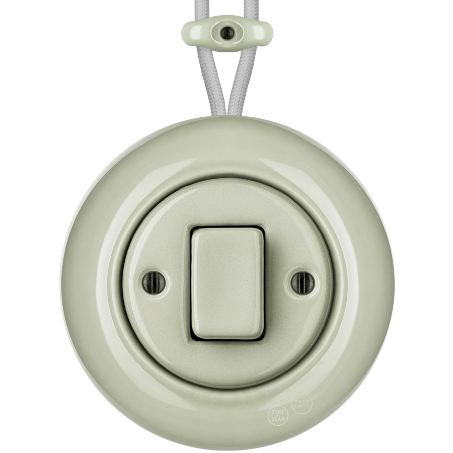 SURFACE PORCELAIN WALL LIGHT SWITCH GREY GREEN FAT BUTTON - DYKE & DEAN