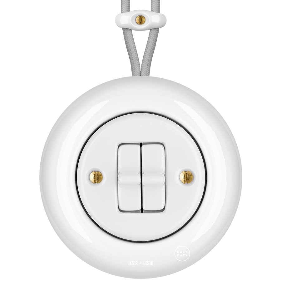 SURFACE PORCELAIN WALL LIGHT SWITCH WHITE DOUBLE TOGGLE - DYKE & DEAN