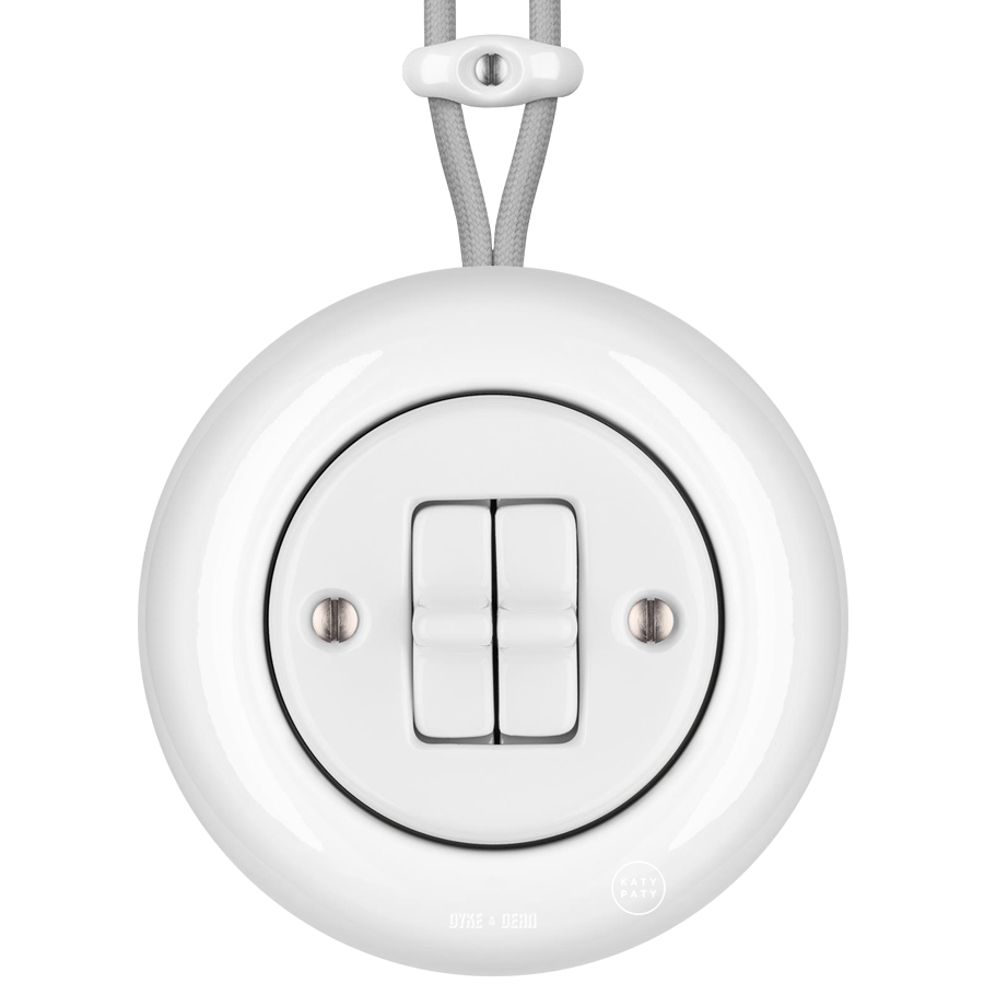 SURFACE PORCELAIN WALL LIGHT SWITCH WHITE DOUBLE TOGGLE - DYKE & DEAN