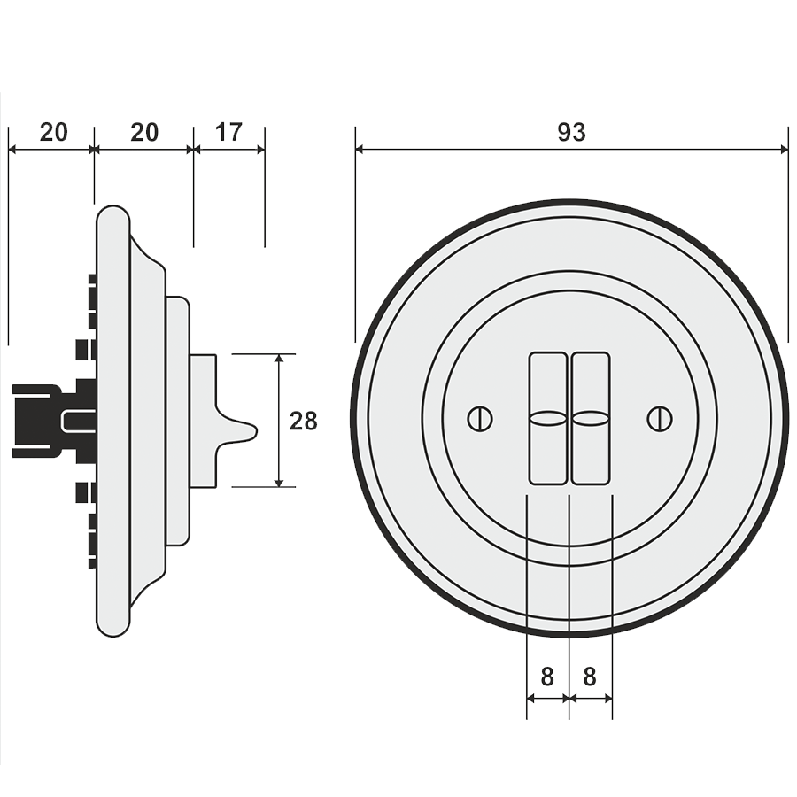 PORCELAIN WALL LIGHT SWITCH ASH GREY 2 TOGGLE - DYKE & DEAN