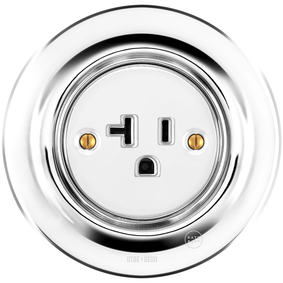 PORCELAIN WALL SOCKET CHROME USA 20 AMP - DYKE & DEAN