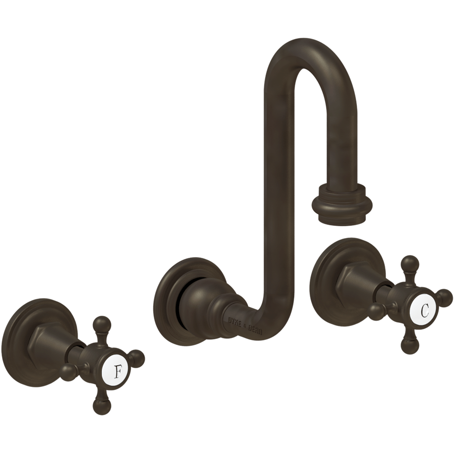 WALL MOUNTED SWAN SPOUT VICTORIAN HANDLE TAPS - DYKE & DEAN