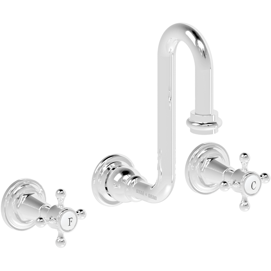 WALL MOUNTED SWAN SPOUT VICTORIAN HANDLE TAPS - DYKE & DEAN